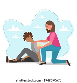 Empatía, compasión y reconfortante ilustración del concepto vectorial. Las mujeres están consolando al triste hombre afroamericano.  Ayuda psicológica y apoyo al concepto de vector. Estilo de caricatura plano.
