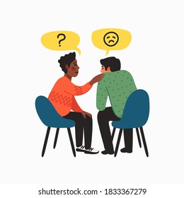 Empathy. Empathy and Compassion concept - African American young man comforting sad man. Helping hand or psychological care. Vector illustration in flat cartoon style on white background.