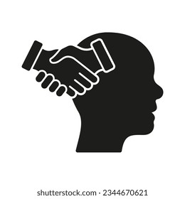 Empathy and Compassion Silhouette Icon. Human Head and Agreement Handshake Glyph Pictogram. Solidarity, Emotional Solace Solid Sign. Intellectual Process Symbol. Isolated Vector Illustration.