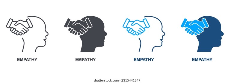 Empathy and Compassion Silhouette and Line Icon Set. Emotional Solace, Solidarity Symbol Collection. Human Head and Agreement Handshake Pictogram. Isolated Vector Illustration.