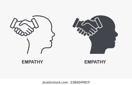 Empathy and Compassion Silhouette and Line Icon Set. Human Head and Agreement Handshake Pictogram. Solidarity, Emotional Solace Symbol Collection. Isolated Vector Illustration.