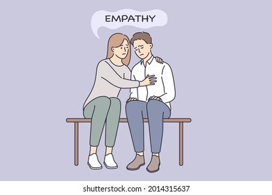 Empathy and Compassion, understanding concept. Young woman sitting and embracing sad depressed man feeling empathy feeling bad together vector illustration 