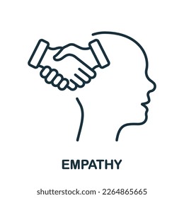 Empathy Concept Line Icon. Agreement Handshake, Human Head Linear Pictogram. Mental Health Outline Sign. Intellectual Process, Emotional Solace Symbol. Editable Stroke. Isolated Vector Illustration.