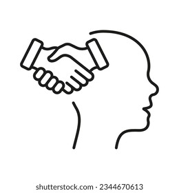 Empathy Concept Line Icon. Agreement Handshake, Human Head Linear Pictogram. Mental Health Outline Sign. Intellectual Process, Emotional Solace Symbol. Editable Stroke. Isolated Vector Illustration.