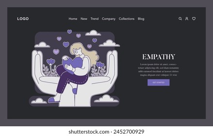 Empathy concept. A nurturing illustration of a woman cradling a heart, representing compassion and understanding in personal interactions. Vector illustration