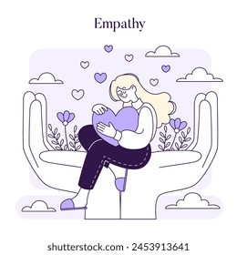 Empathy concept. A nurturing illustration of a woman cradling a heart, representing compassion and understanding in personal interactions. Vector illustration