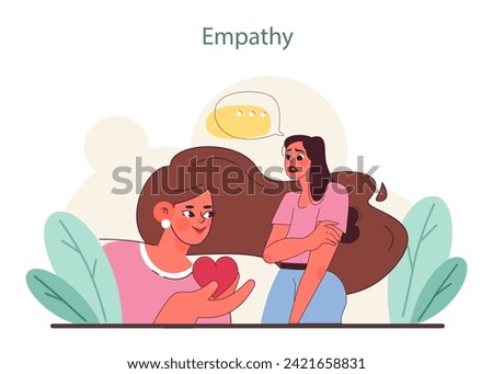 Empathy concept. One person offers a symbolic heart to another, depicting the sharing of emotions and understanding. Flat vector illustration.