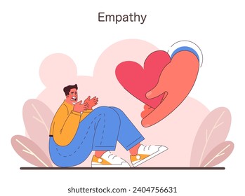 Concepto de empatía. Una persona recibe un corazón grande y reconfortante, que representa el poder de la comprensión y el apoyo emocional. Conexión compasiva visualizada. Ilustración vectorial plana