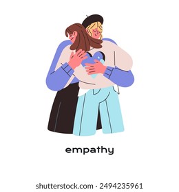 Empathy concept. Soothing woman cares about crying girl, embraces. Friend hugs, supports in sadness. Fellow consoling, comforting upset person in sorrow. Flat isolated vector illustration on white