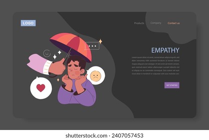 Empathy dark mode or night mode web banner or landing page. Deep understanding of emotions, sympathy and compassion. Emotional support or comfort, friendship connection. Flat vector illustration