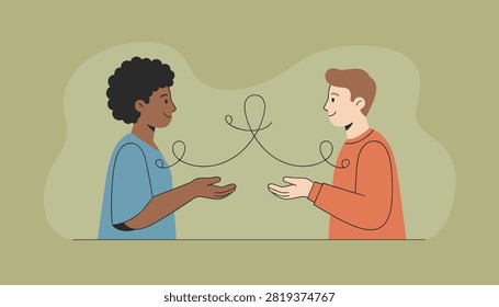 Empathy and deep mutual understanding concept showing a diverse couple connected by a single line of communication.