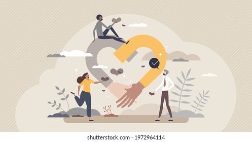 Empathy and emotional feeling support with understanding about other people problem situations tiny person concept. Help in relationship crisis with psychological therapy talking vector illustration.