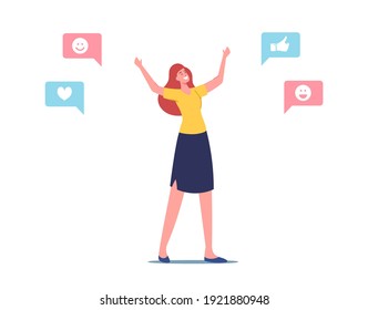 Empathy, Emotional Intelligence Concept. Cheerful Female Character with Positive Social Media Icons around. Smiling and Laughing Woman Friendly Behavior or Communication. Cartoon Vector Illustration