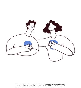 Empathy and friendship concept. Female comforting her male sad friend. Woman supports male with psychological problems. Black and white modern flat vector illustration