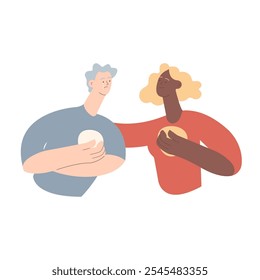 Empathy and friendship concept. Female comforting her male sad friend. Woman supports male with psychological problems. Modern vector flat illustration