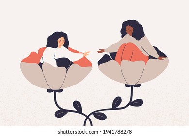 Empathy and friendship concept. Girl extends a helping and supportive hand to her friend.  Black woman cares timid and indecisive female adolescent with psychological problems. Vector illustration