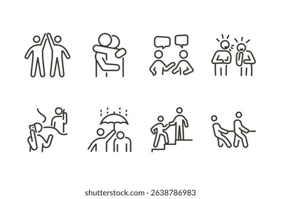 Empathy and friendship icon set. Thin line editable stroke icons for connection, emotional support, teamwork, communication, relationships, trust, and social interaction
