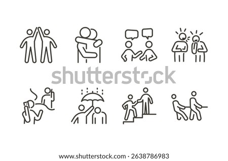 Empathy and friendship icon set. Thin line editable stroke icons for connection, emotional support, teamwork, communication, relationships, trust, and social interaction