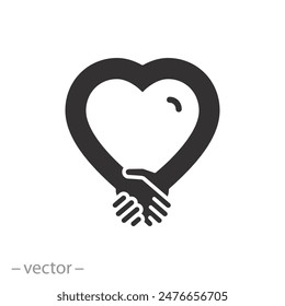 empathy or giving kindness icon, heart handshake, community compassion,  tolerance and friendship, flat symbol on white background - vector illustration