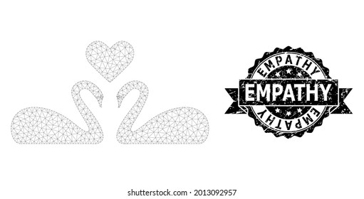 Empathy grunge stamp seal and vector love swans mesh model. Black stamp seal contains Empathy tag inside ribbon and rosette. Abstract flat mesh love swans, created from triangles.