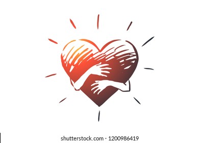 Empathy, Heart, Love, Charity, Support Concept. Hand Drawn Hands Hugging Heart Concept Sketch. Isolated Vector Illustration.