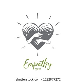 Empathy, heart, love, charity, support concept. Hand drawn hands hugging heart concept sketch. Isolated vector illustration.