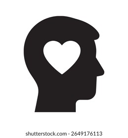 Empathy icon with a heart in a human head representing compassion mental wellness and a kind understanding of another person's feelings vector solid glyph icon