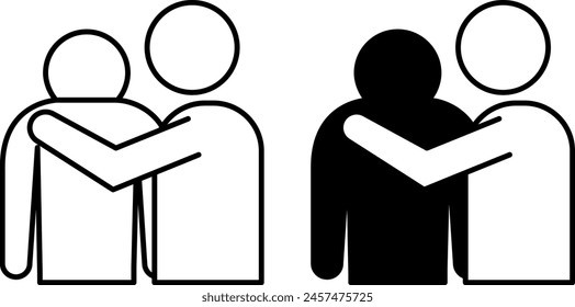 Empathy icons. Black and White Vector Icons. Man Consoling Friend. Compassion, Kindness. Problem of Mental Personality, Friendly Hugs. Mental Health