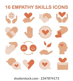 Empathy icons set. Deep understanding of emotions and sympathy. Soft skill development. Self-improvement for psychological and emotional maturity. Flat vector illustration