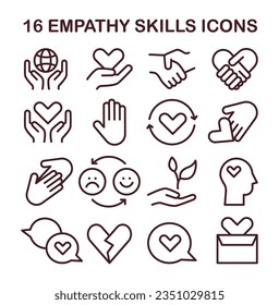 Empathy icons set. Deep understanding of emotions and sympathy. Soft skill development. Self-improvement for psychological and emotional maturity. Flat vector illustration