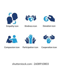Empathy, Kindness, Donation, Compassion, Participation, Cooperation, Blue Icon Set