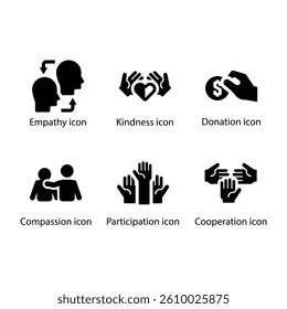 Empathy, Kindness, Donation, Compassion, Participation, Cooperation, Black Icon Set