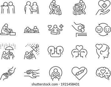 Empathy line icon set. Included the icons as cheer up, friend, support, emotion, mental health and more.