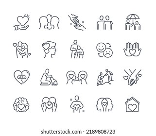 Empathy line icon set. Psychological help, support, comforting hugs and mental health. Design elements for apps and social networks. Cartoon flat vector collection isolated on white background