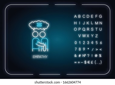 Empathy neon light icon. Outer glowing effect. Sign with alphabet, numbers and symbols. Strong emotional bond, interpersonal understanding, friendship. Vector isolated RGB color illustration