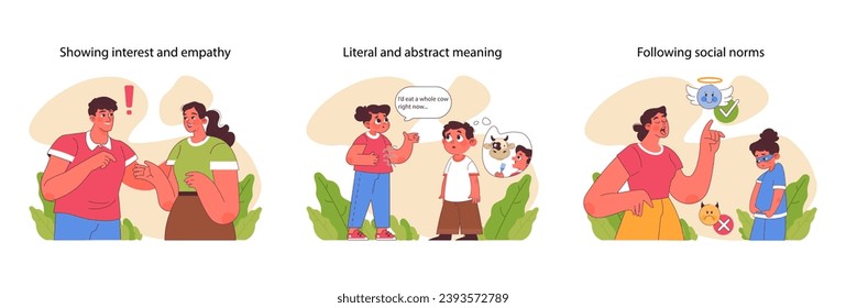 Empathy and norms set. Illustrating compassion, navigating literal thinking, and societal expectations. Fostering understanding in neurotypical contexts. Flat vector illustration