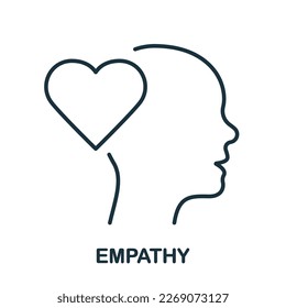 Empathy, Passion, Sympathy Feeling Line Icon. Human Head and Heart Shape Linear Pictogram. Kindness Emotion Outline Sign. Intellectual Process Symbol. Editable Stroke. Isolated Vector Illustration.