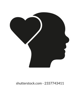 Empathy, Passion, Sympathy Feeling Silhouette Icon. Heart Shape and Human Head Glyph Pictogram. Kindness and Inspiration Solid Sign. Intellectual Process Symbol. Isolated Vector Illustration.