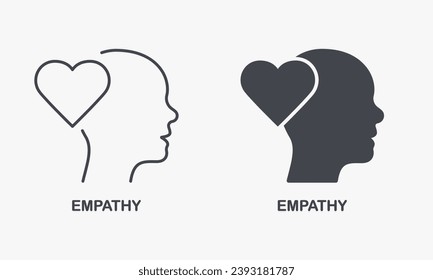 Empathy, Passion, Sympathy Feeling Silhouette and Line Icon Set. Kindness and Inspiration, Intellectual Process Symbol Collection. Heart Shape and Human Head Pictogram. Isolated Vector Illustration.