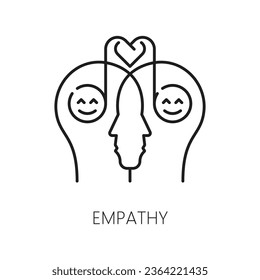 Empathy, psychological disorder problem and mental health icon in vector outline. Psychology and human mind line symbol of mutual empathy, happy smiles and heart in head brain in linear icon svg