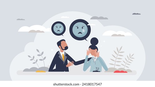 Empathy as psychological understanding or intelligence tiny person concept. Friendship support in depression or grief moment vector illustration. Emotional compassion and crisis therapy or consulting