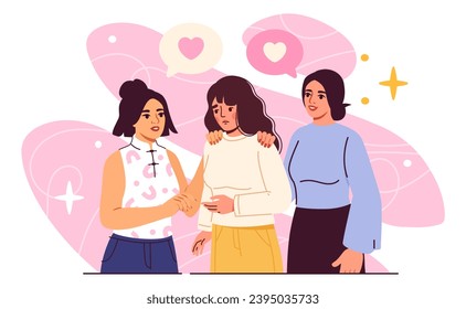 Empathy skill development concept. Young girls try to help her friend. Sad woman with mental issues. Psychological support. Cartoon flat vector illustration isolated on white background