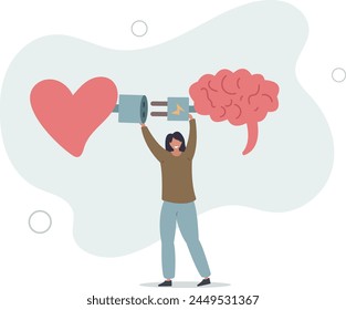 empathy or social skill, self control or balance concept, woman connect heart feeling with logical thinking brain.flat vector illustration.