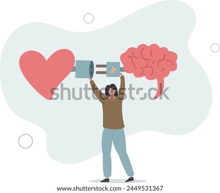 empathy or social skill, self control or balance concept, woman connect heart feeling with logical thinking brain.flat vector illustration.