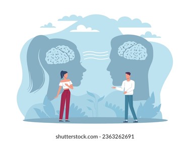 Empathy, social skills, friendly man and woman communicating. Man and woman talking. brain in head on background. Positive relationships. Cartoon flat style isolated vector concept