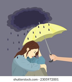 Empathie. Jemand, der einen Regenschirm hält, um traurige Frau aus Regen auf grauem Hintergrund zu bedecken, Abbildung. Comforting von unglücklicher Person