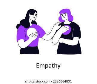 Empathy, support and compassion, psychology help concept. Woman comforting friend, caring, feeling sympathy, understanding emotions, problem. Flat vector illustration isolated on white background