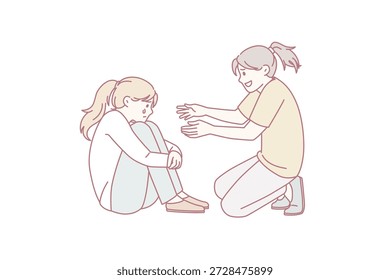 Concepto de amistad de empatía y Asistencia. Sonriente Pequeña chica sentada tratando de consolar a su triste amigo deprimido llorando sentado abrazando la Ilustración vectorial de tacones
