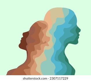 Empathy, support and help. One human figure leaning on other on light green background, illustration