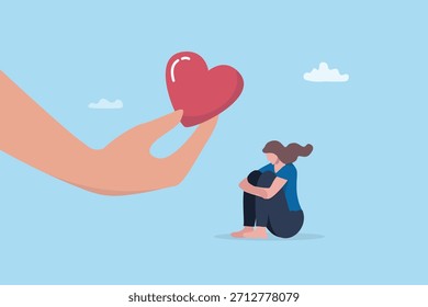 Empatía Asistencia o amabilidad compasión, comprensión o cuidado y amor a las personas, empleado o compañero de trabajo, concepto de simpatía o confianza, mano de bondad dando corazón a la mujer tristeza deprimida.